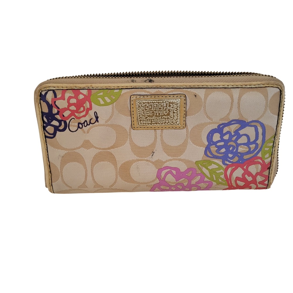 Coach Signature C Floral Scribble Zip Around Wallet Beige Tan Red Interior